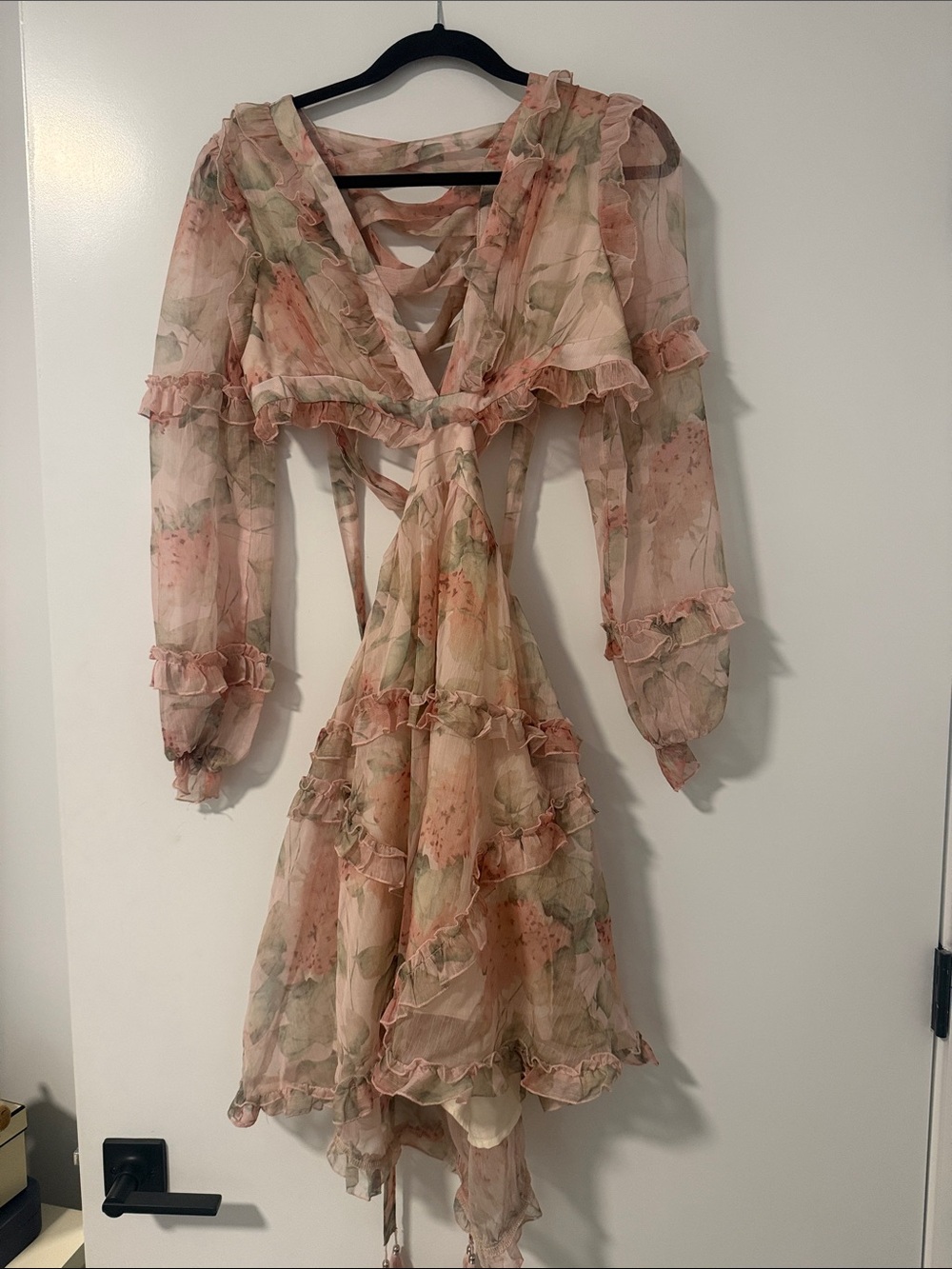 Pink Floral Silk Backless Ruffle Dress